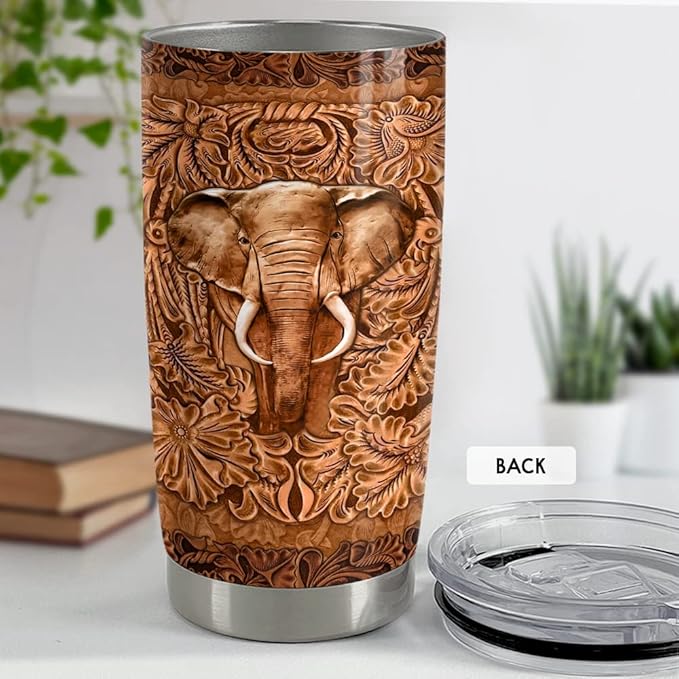 SANDJEST Elephant Tumbler Wood Drawing Style 20oz Tumblers with Lid Gift for Women Girl Daughter Sister Animal Lovers Christmas Birthday