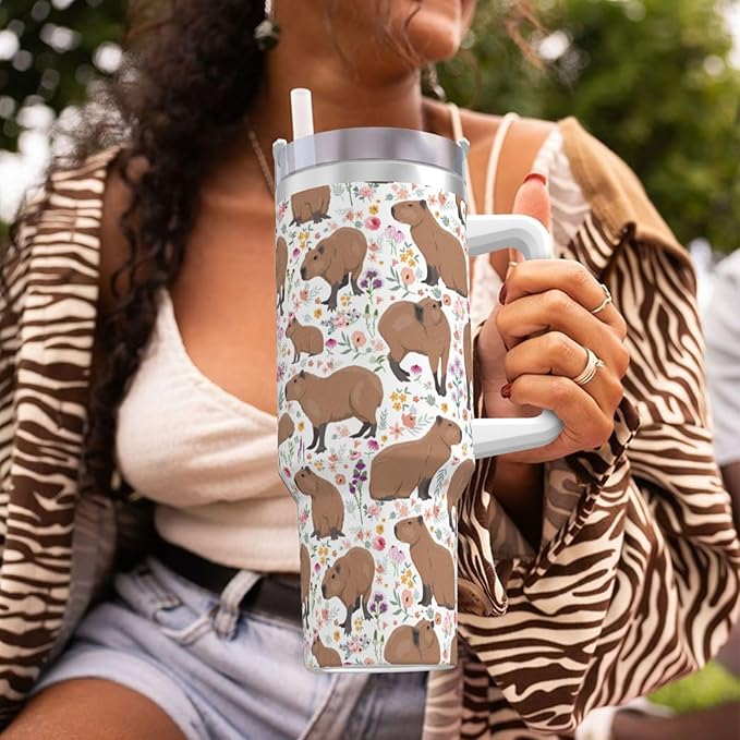 Capybara Gifts Capybara Tumbler Water Bottle Cup for Girls, Teens, Women, Men Stainless Steel Vacuum Insulated 40oz Tumbler with Lid and Straw for Water, Iced Tea or Coffee, White