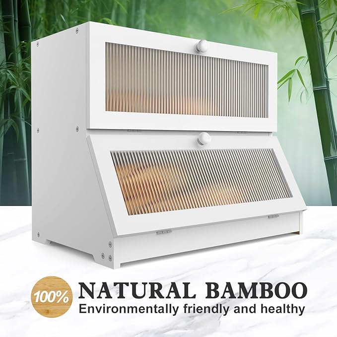 Bread Box for Kitchen Countertop: 2-Tier Bamboo Large Bread Storage Container,White
