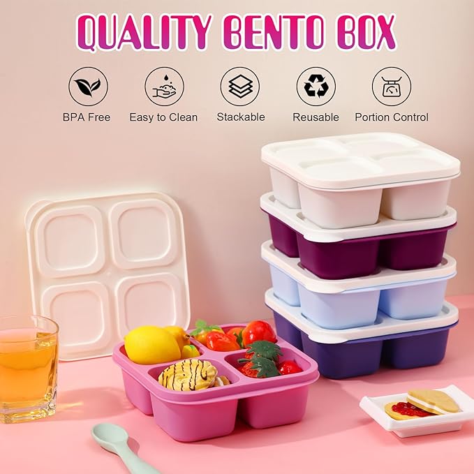 Honeydak 5 Pack Snack Containers 4 Compartment Bento Snack Boxes Reusable Lunchable Containers with Lids Divided Meal Prep Lunch Food Storage Box for School Work Travel(Elderberry,Equal)