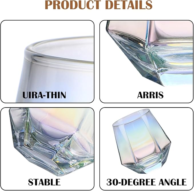 CUKBLESS Stemless Wine Glass Set Of 4(10 Oz),Iridescent Glassware,Modern Rainbow Wine Glass For Serving White Wine, Red Wine, Cocktail, Whiskey, Bourbon, Cool Water