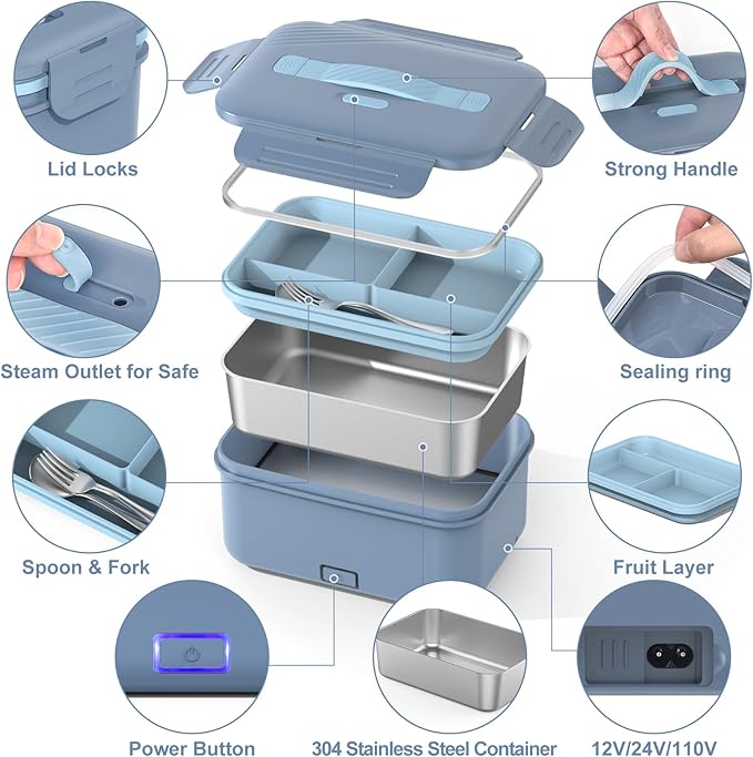 Electric Heated Lunch Box for Car Truck Home 1.8L 100W Portable Food Warmer with 12V/24V/110V/220V Hot Meal for Work Travel Jobsite Camping Christmas Gifts White Elephant Gifts for Adults/Men/Woman