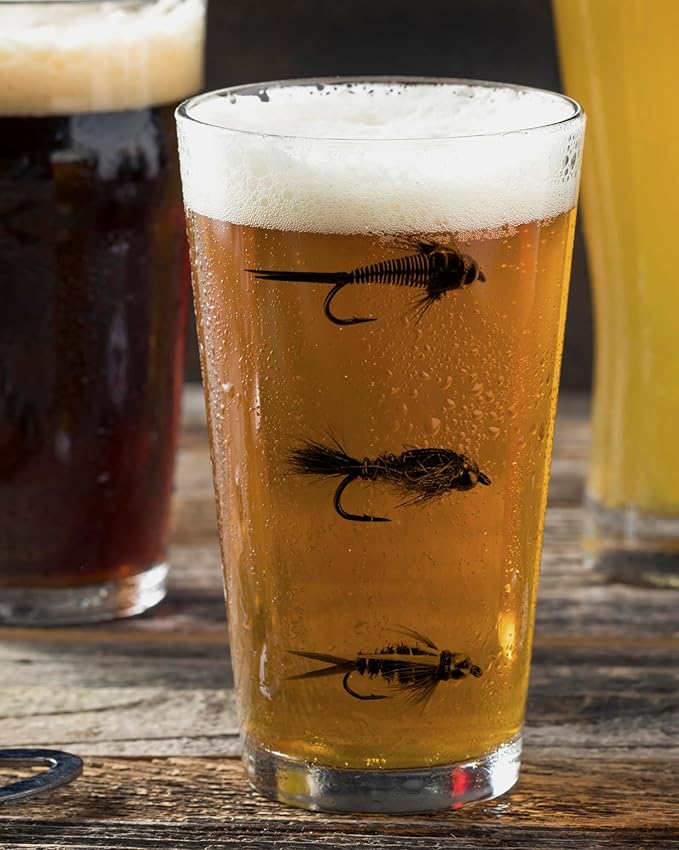 Fly Fishing Pint Glass by Black Lantern - One 16oz. Fly Fishiing Flies Beer Glass - 16oz. Capacity