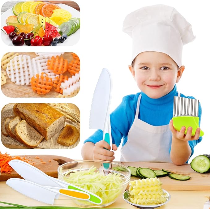 4 Pcs Kids Knife Set, Kids Kitchen Knife with Crinkle Cutter, Serrated Edges Plastic Toddler Chef Knife for Real Cooking & Cutting Fruit Bread