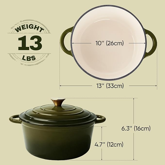 6 Quart Dutch Oven Pot with Lid, Non Stick Enameled Cast Iron Dutch Oven for Bread Baking, Heavy-Duty, Oven Safe Ceramic Cookware Up to 500°F for Baking, Braising, Stews, Roasting, Golden Green