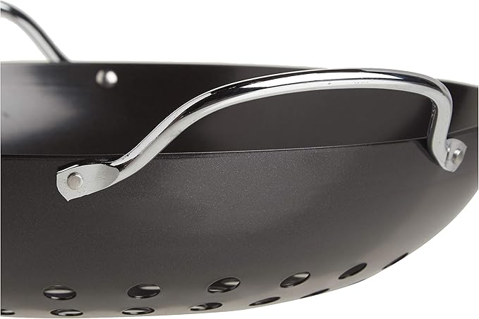 TableCraft BBQ Metal Handle 13-Inch Non Stick Coating Round Grilling Wok, Small, Black