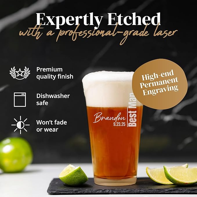 Personalized Groomsmen Beer Pint - 16oz Best Man Beer Glass - Custom Etched Drink Glassware, Engraved Gifts for Wedding Favors, Best Man Proposal Gifts, Bachelor Party