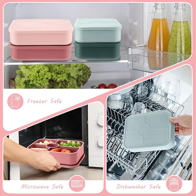 4 Pack Silicone Bento Boxes for Adults, 5 Compartment Reusable Lunch Containers with Sauce Section, Leakproof Meal Prep Snack Box Microwave & Dishwasher Safe for Work School Office(Pink Green Color)