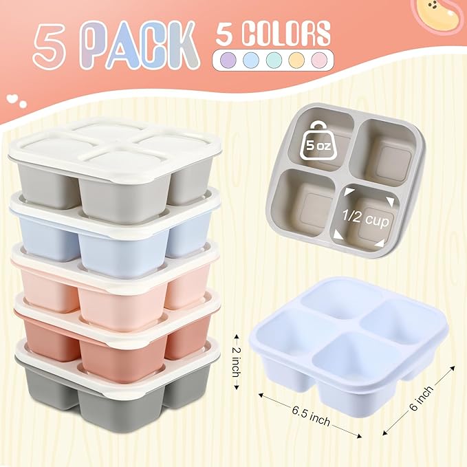 Honeydak 5 Pack Snack Containers 4 Compartment Bento Snack Boxes Reusable Lunchable Containers with Lids Divided Meal Prep Lunch Food Storage Box for School Work Travel(Morandi,Equal)