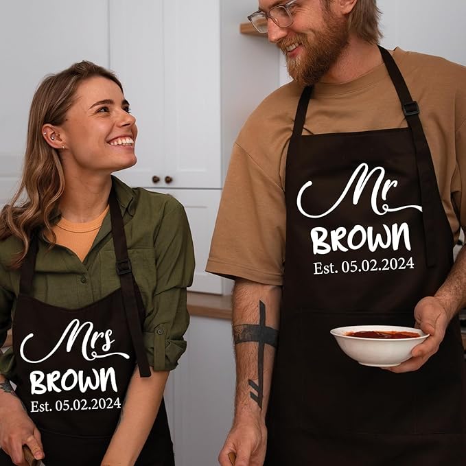 Custom Couple Apron, Personalized Mr Mrs Gift, Anniversary, Bridal Shower, Engagement, Christmas or Wedding Registry Present for Him & Her