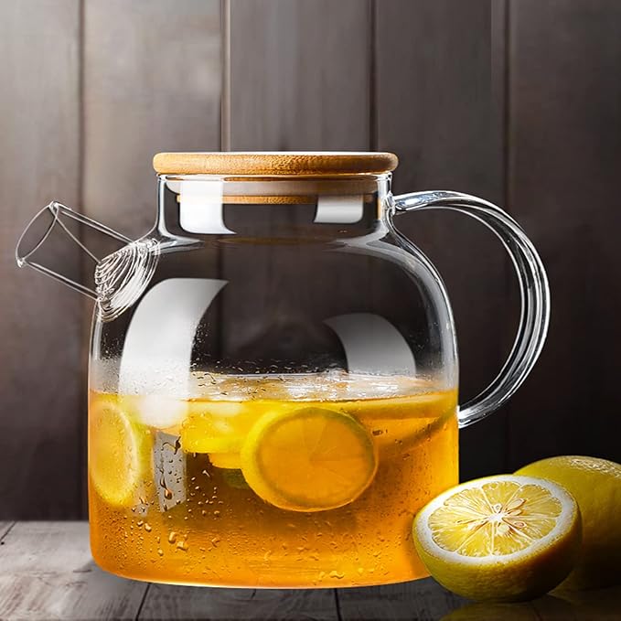Glass Tea Pot Kettles Stovetop Safe, 50.7oz/1500mL Heatproof Borosilicate Glass Teapot Water Pitcher With Bamboo Lid and Removable Filter Spout for Loose Leaf and Blooming Tea