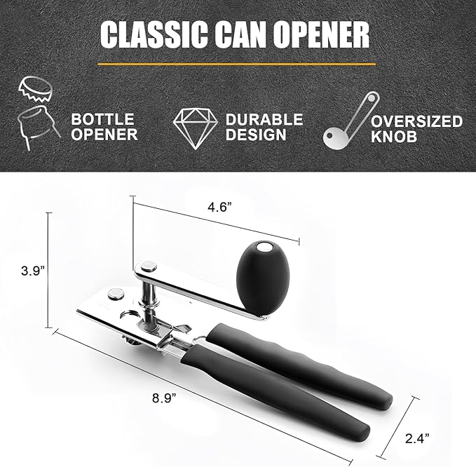 SHIKORI Commercial Can Opener, Manual Heavy Duty with Comfortable Extra-long Handles, Oversized Knob, Large Handheld Can Opener Easy for Big Cans-Magnetic