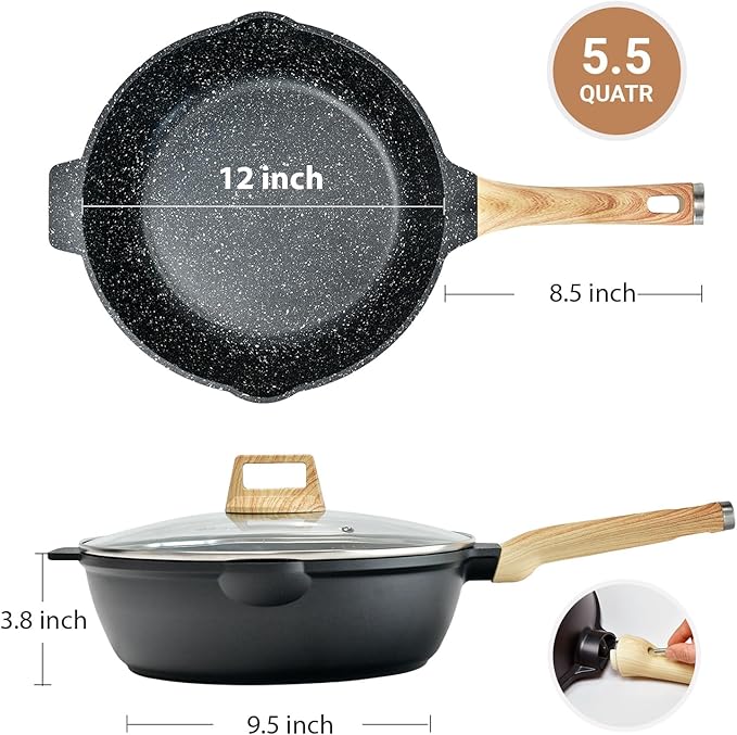 12 In Deep Frying Pan Nonstick with Lid and Strainer, 5.5 Quart Saute Pan, Granite Chef Skillet No stick for Cooking, 100% PFOA Free Non Toxic Fry Pan for All Stove top Gas Induction