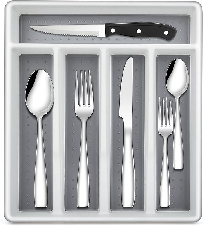 LIANYU 48-Piece 18/10 Silverware Set with Steak Knives and Drawer Organizer, Stainless Steel Flatware Service Cutlery Set for 8, Eating Utensils for Home Kitchen Entertaining, Mirror Polished