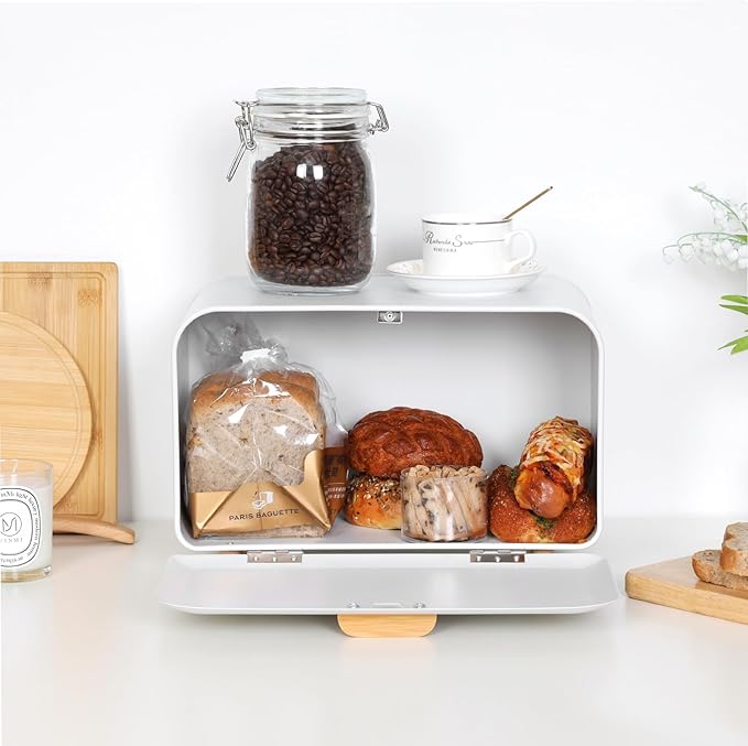 White Bread Box for Kitchen Countertop - Large Capacity Bread Storage Container Farmhouse Bread Box - Stylish Metal Bread Keeper