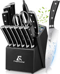 Knife Set, Kitchen Knife Block Sets with Sharpener, 6 Steak Knife Set Serrated with Block, 15 PCS Forged German Stainless Steel Rust Proof Knives, Dishwasher Safe Black, New Beveled Design
