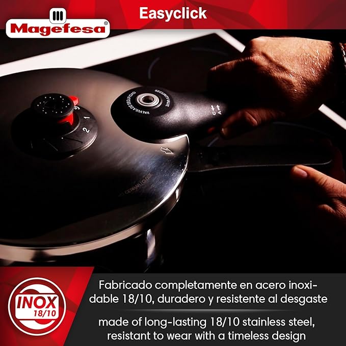 Magefesa EasyClick Stainless Steel Pressure Cooker Set, 4.2 & 6.3 Quarts – Easy One-Hand Opening, 2 Cooking Modes, Works on All Stovetops