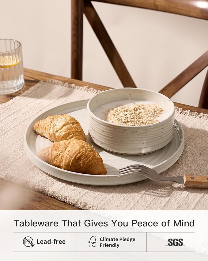 Plates and Bowls Sets for 6, Famiware Premium 18-Piece Stoneware Dinnerware Set, Spiral Dish Set with Straight Rim, Speckles & Reactive Glaze - Microwave & Dishwasher Safe Tableware, Shell Beige