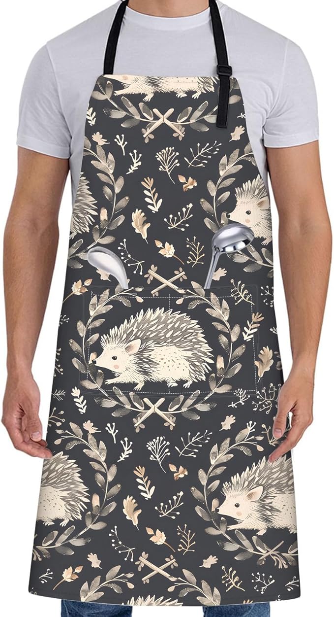 Cute Hedgehog Apron for Women with Woodland,28x33in,Rustic Kitchen Aprons with 2 Pockets,Oxford Fabric,Foliage Adjustable Dark Black Apron for Cooking Baking Gardening Chef,Gifts for Mom Wife
