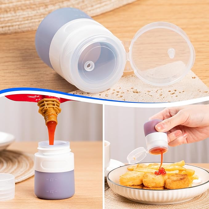 8-Pack Salad Dressing Container To Go, 1-oz Silicone Small Condiment Squeeze Bottles and 1.6 oz Stainless Steel Sauce Containers Cups, Leakproof Condiment Containers with Lids for Lunch Box