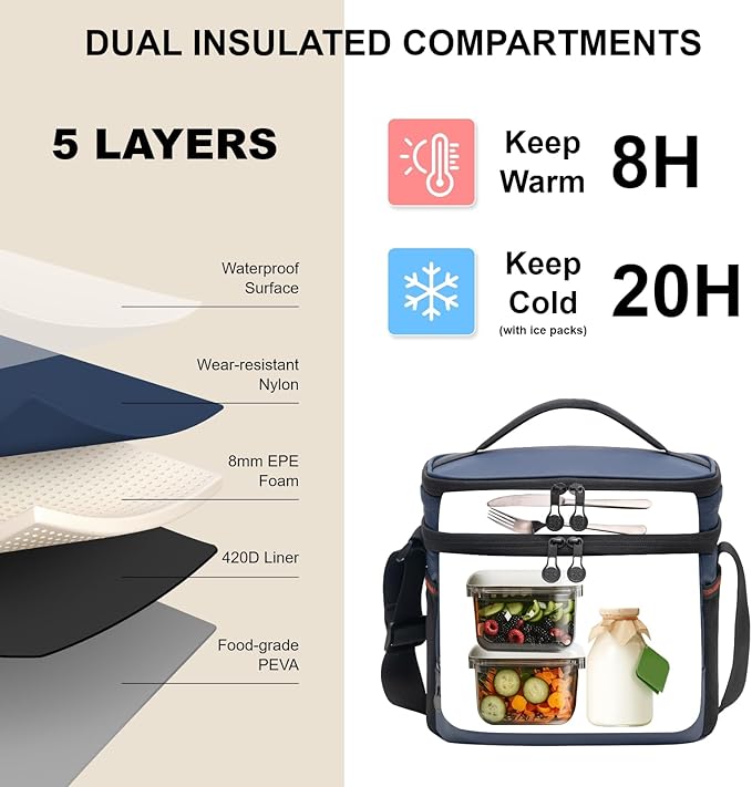 Everfun Womens Lunch Box Two Compartments Insulated Lunch Tote Bag Large Leakproof Soft Cooler for Work Picnic Travel (Blue)