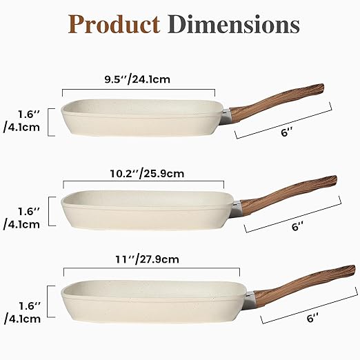 Grill Pan, Skillet Set 3 Piece, Frying Pan Non Stick with Stay Cool Handle & PFOA Free,Compatible with all Stovetops, Biege (9.5"10" 11")