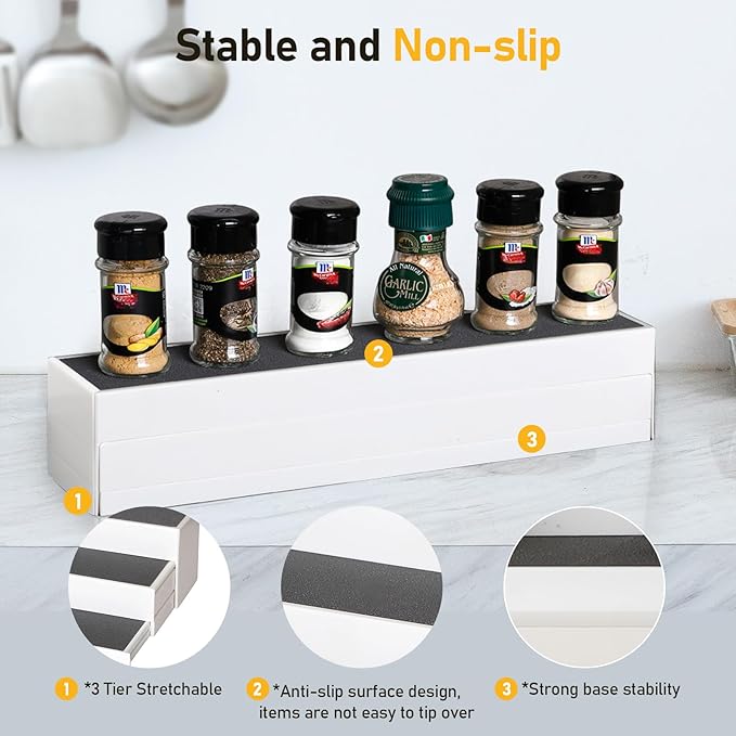 Spice Rack Organizer, Non-Skid 3-Tier Expandable Spice Rack For Cabinet, Tiered Spice Shelf, Kitchen Organizers and Storage, Seasoning Organizer, Pantry Organization, Bathroom, Countertop