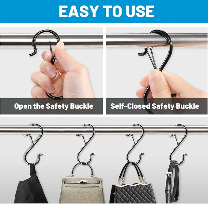 17 Pcs S Hooks for Hanging Safety Buckle, 3.5 Inch Stainless Steel S Shaped Locking Hooks for Colleague Dorm, Kitchen, Plants Pots Towels Bags, Black