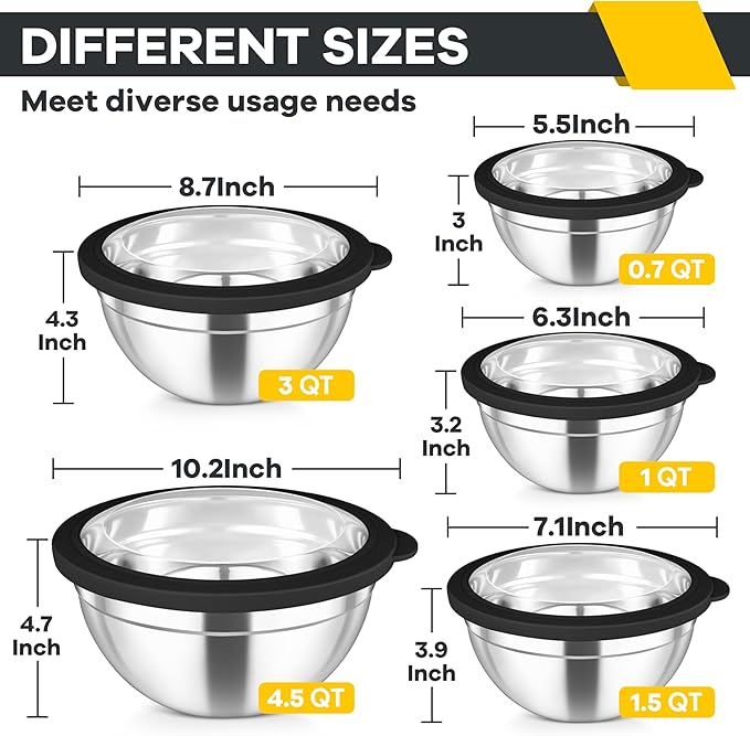 TeamFar Mixing Bowls Set, 4.5/3/1.5/1/0.7 QT Stainless Steel Nesting Salad Bowls with Airtight Lids, For Serving/Mixing/Storing, Non-Toxic & Heavy Duty, Visible & Easy Clean, Black, Set of 5