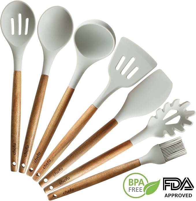 Silicone Cooking Utensils | Wooden Handle, Non-Stick Cookware Heat Resistant Kitchen Utensil Spatula, Slotted & Solid Spoon, Soup Ladle, Slotted Turner and Spaghetti Server,| Acacia Wood - Light Grey