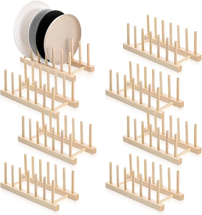 SHENLIU 8 Pcs Bamboo Wooden Plate Rack, 6 Slots Plate Organizer Dish Drying Rack Stand Drainer for for Kitchen Pot Lid Bowl Cup Book Cutting Boards