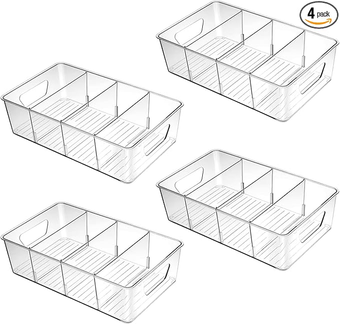 Stackable 4 Pack Pantry Storage Organizer Bins, Clear Plastic with 3 Removable Dividers, for Fridge, Snack, Organizer – BPA Free Perfect in Kitchen, Refrigerator