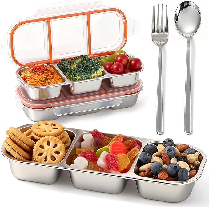 2 Pack Stainless Steel Snack Containers with Fork & Spoon, 3 Compartment Metal Bento Lunch Box with Leakproof Lids, Reusable Snack Bento Prep Containers for Home, Office, Travel