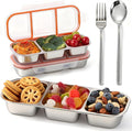 2 Pack Stainless Steel Snack Containers with Fork & Spoon, 3 Compartment Metal Bento Lunch Box with Leakproof Lids, Reusable Snack Bento Prep Containers for Home, Office, Travel