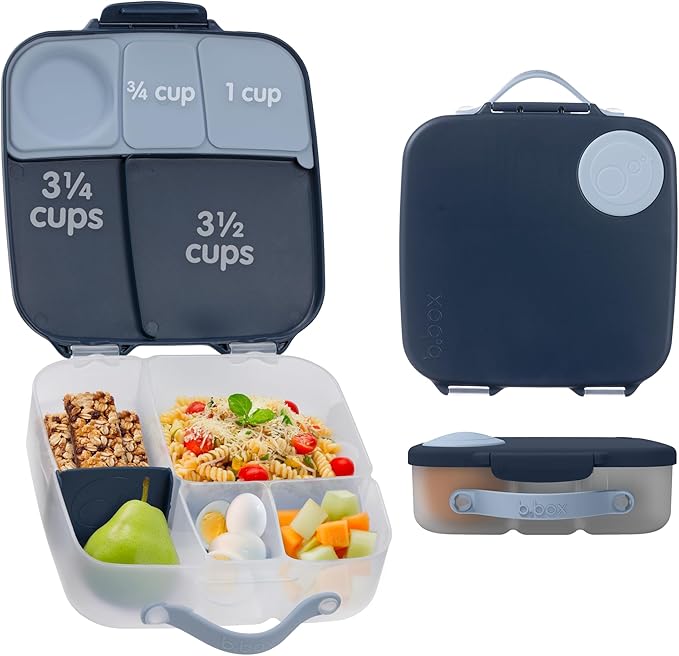 b.box Kids Lunch Box – 4 compartments (2 Leak-proof) Bento Box with Cold Pack & Removable Divider Reusable Snack Containers with Lids, Snack Box for Toddlers & Older Kids 8 1/2 cups (Midnight)