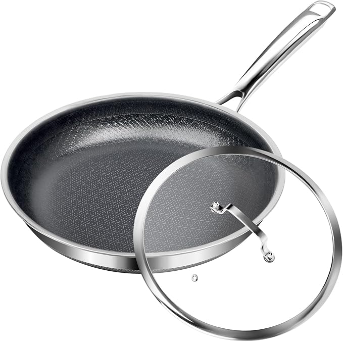 Non Stick 10-Inch Pan, Titanium Hybrid Pan with Lid, Stay-Cool Handle, Professional Frying Pan, Dishwasher Friendly, Oven Safe, Compatible with All Cooktop