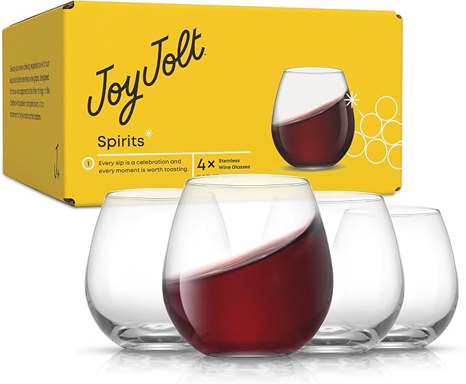 JoyJolt Spirits Stemless Wine Glasses for Red or White Wine (Set of 4)-15-Ounces