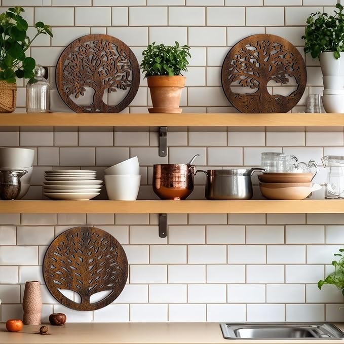 3 Pcs Life Tree Wooden Trivets for Hot Dishes 8 Rustic Round Tree Trivet Set Hot Plate Holders Heat Resistant Polite Trees Coasters for Table Dishes Pots and Pans(Brown)