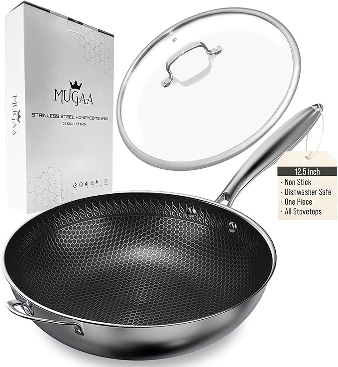 12.5” Nonstick Stainless Steel Wok Pan with Lid | Tri-Ply Honeycomb Hybrid Stir-Fry Pan | Nonstick Woks & Stir-Fry Pans | PFOA-Free, Induction, Dishwasher & Oven Safe