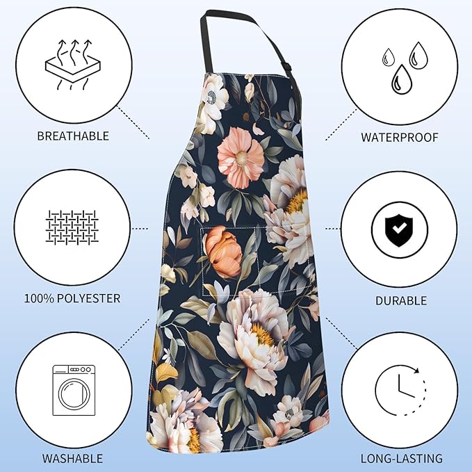 Floral Apron for Women with Peony,28x33in,Dark Romantic Garden Kitchen Aprons with 2 Pockets, Oxford Fabric,Flower Adjustable Apron for Cooking Baking Gardening Chef,Gifts for Mom Wife