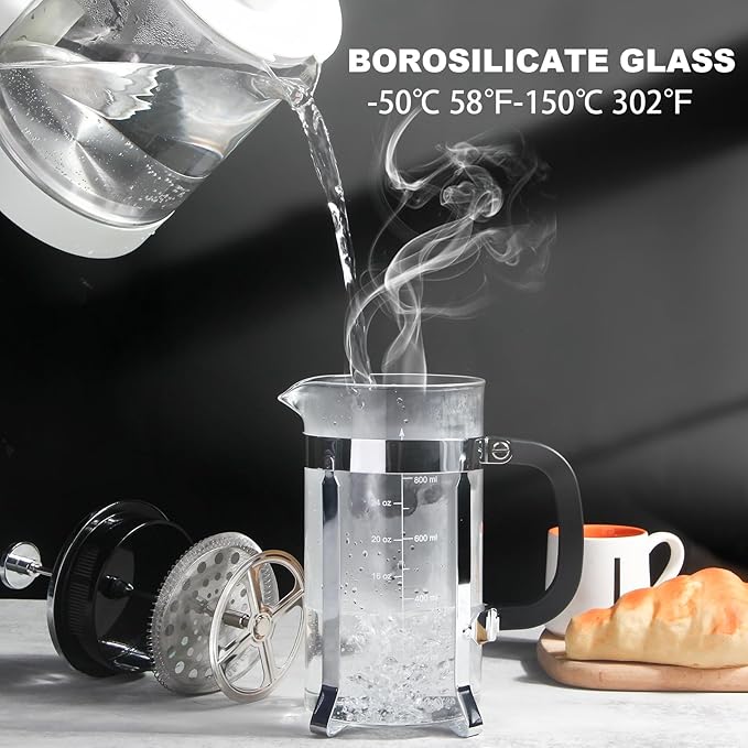 French Press Coffee Maker,34oz 304 Stainless Steel with 2 Filter, Heat Resistant Durable, Easy to Clean, Borosilicate Glass Press, BPA Free Glass TeaPot-34 Ounce 1 Liter (Chrome)