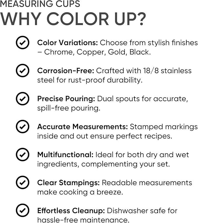 Color Up ½ Cup Measuring Cup (120 ml) – Premium Chrome Stainless Steel, Accurate for Wet & Dry Ingredients, Embossed Markings, Easy-Pour Spouts, Dishwasher-Safe, Kitchen Essential