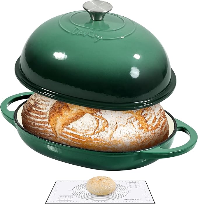 Davivy 6QT Oval Dutch Oven for Sourdough with Lid, Cast Iron Bread Oven Bread Pan with Silicone Baking Mat, Cast Iron Bread Pan Sourdough Bread Cloche Dutch Oven- Forest Green