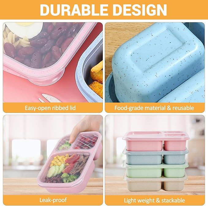 4 Pack Bento Box for Adults, 3-Compartment Wheat Straw Food Storage Containers, Meal Prep Lunch Box Microwave and Dishwasher Safe, Suitable for Office and Outdoor
