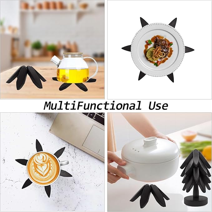 Wooden Trivets for Hot Dishes, Tree Shape Trivet Set, 4 Wooden Trivets + 1 Stand, Natural Foldable Kitchen Coasters, Stackable Christmas Tree Design, for Pans, Pot, Bowl, Teapot, Hot Pot Holder