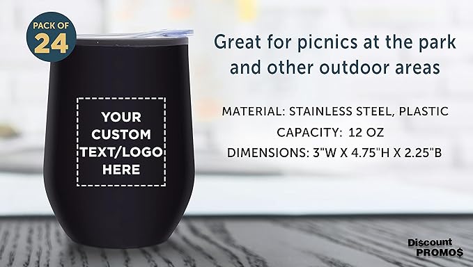Custom Stemless Wine Tumblers 12 oz. Set of 24, Personalized Bulk Pack - Insulated, Perfect for Wine, Cocktails, Other Hot & Cold Beverages - Black
