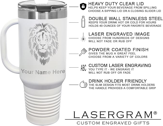 LaserGram 40oz Vacuum Insulated Travel Mug with Handle, Sushi, Personalized Engraving Included (White)