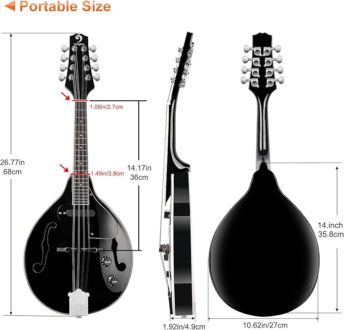Vangoa Mandolin Instrument Mahogany Acoustic Electric A Style Mandolin Musical Instrument for Beginner Adults Teens Kids, Black