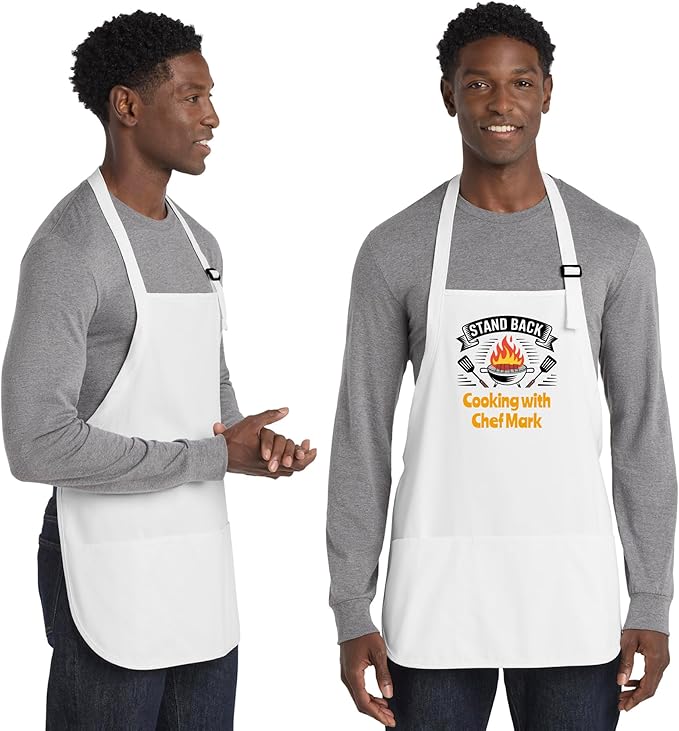 Personalized Medium Length Cooking & Grill Apron – Stand Back Design with Custom Text (1-2 Lines)
