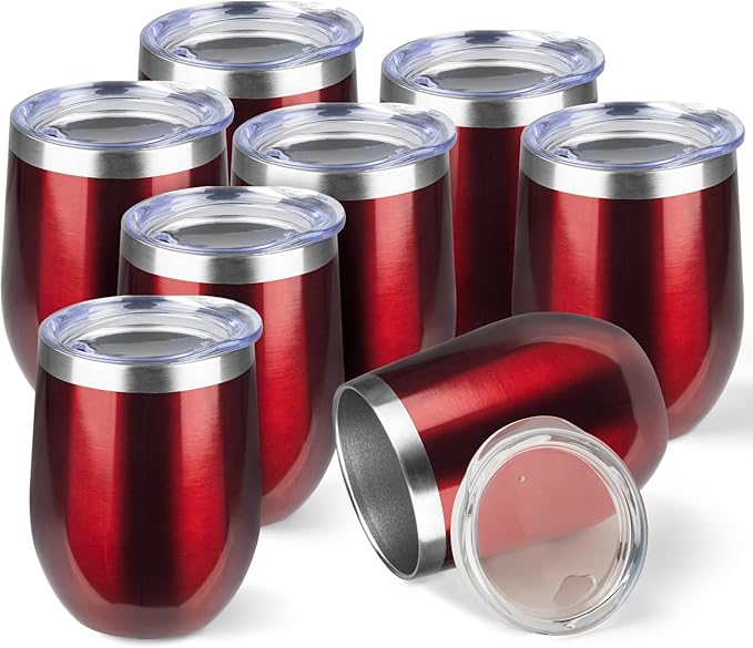StarSpeed 12oz/8 Pack Wine Tumbler with lid, Stainless Steel Travel Mugs Stemless Double Wall Insulated Coffee Cup, Insulated Wine Glasses Travel Tumbler for Cold & Hot Drinks(Transparent Red, 8)